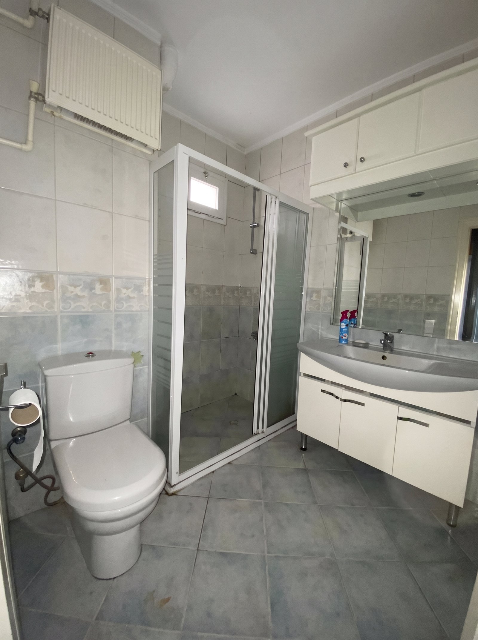 Yenileme öncesinde banyoda bordürlü eski karolar, beyaz çerçeveli duş kabini ve eskimiş banyo dolabı